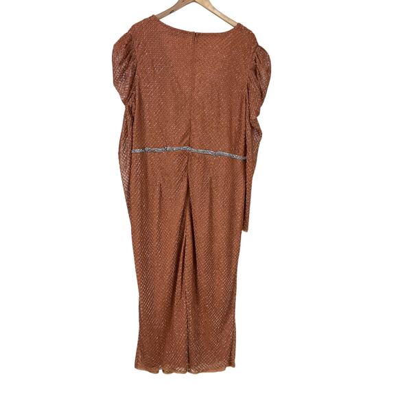 Mac Duggal NWT Copper Beaded Wrap Over Puff Sleeve Dress Rhinestone Waist Sz 20 - Picture 4 of 10